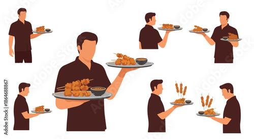 Waiter serving food on trays in various poses