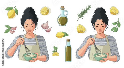 Woman cooking with lemons, garlic, and herbs
