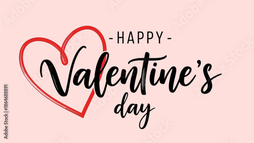 Happy Valentine's Day Greeting Card Design with Red Heart Outline and Elegant Calligraphy Script on Soft Pink Background for Celebrations