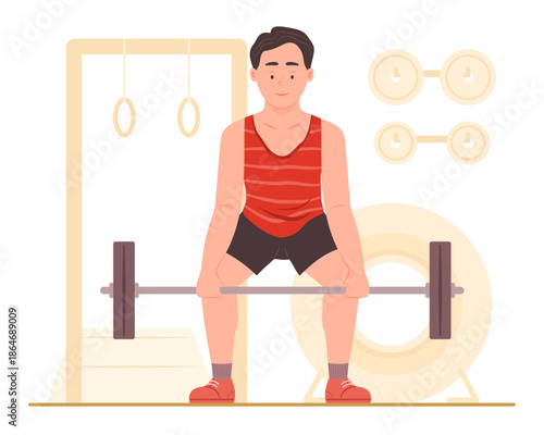Active Healthy Man Exercise by Lifting Barbell in Gym Room for Increase Muscle Strength for Healthcare, Weight Training Workout, Muscle Building and Fitness Concept Illustration