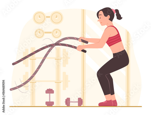 Active Healthy Woman Exercise with Battle Rope in Gym Room to Increase Muscle Strength for Healthcare, Weight Training Workout and Fitness Concept Illustration