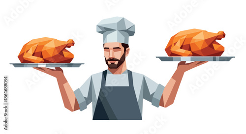 Chef presenting roasted chickens with transparent background