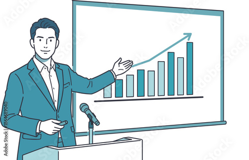 グラフを使って説明するビジネスマンのプレゼンテーションイラスト