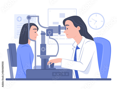 Ophthalmologist Eye Doctor Uses a Slit Lamp Biomicroscope to Examine the Eyes of a Patient in an Ophthalmology Clinic for Eye Health Check-Up, Visual Acuity Test and Vision Healthcare Concept
