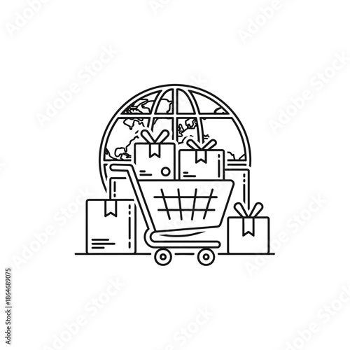 Holiday Shopping Concept with Gift Boxes, Shopping Cart, and Globe in Modern Style