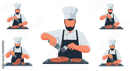 Chef seasoning steak on grill with transparent background