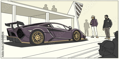 Purple performance vehicle on display at a vibrant outdoor automotive exhibition