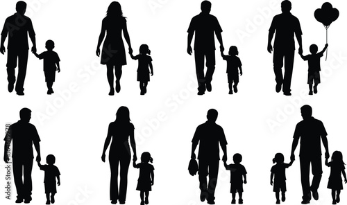 Parent and child walking silhouette illustration collection showing family bonding moments, isolated on white background for parenting, love, childhood, and social design concepts