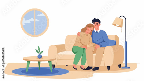 Couple embracing on a couch in a cozy living room with a lamp and coffee table nearby
