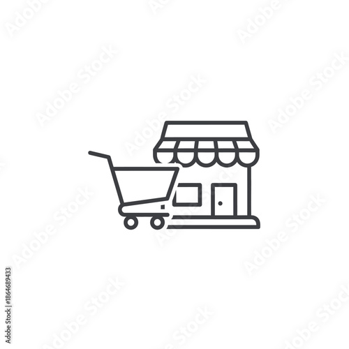 Minimalist Black and White Storefront with Shopping Cart Line Illustration
