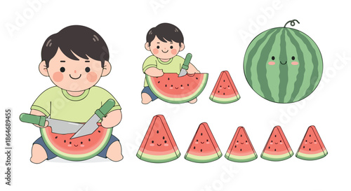 Boy cutting watermelon slices with transparent background