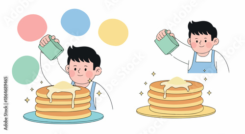 Boy pouring syrup on pancakes breakfast food