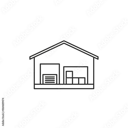 Minimalist Cross-Section of a Modern Garage with Storage Shelves and Equipment