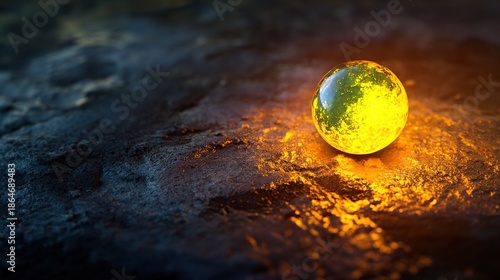 Luminous Orb on Dark Surface: A Glowing Sphere Resting on a Rough, Textured Background, Illuminating the Scene with its Golden Light