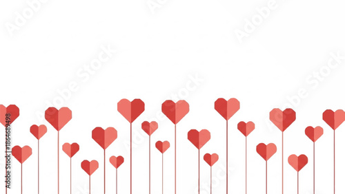 Red hearts on sticks arranged in a row on a white background