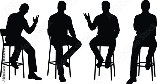 Seated man silhouette illustration set showing people sitting on stools with expressive hand gestures, isolated on white background for interview, discussion, and presentation design concepts