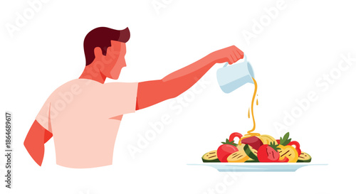 Man pouring dressing on salad with transparent background