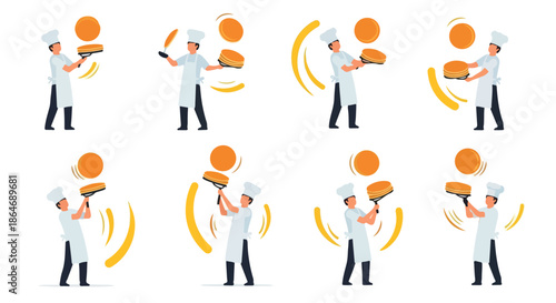 Baker flipping pancakes in various poses with transparent background