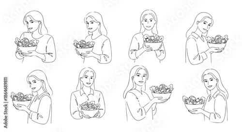 Woman holding bowl of salad line art