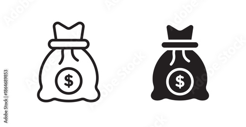 Money bag icons, black line art and clipart vector logo
