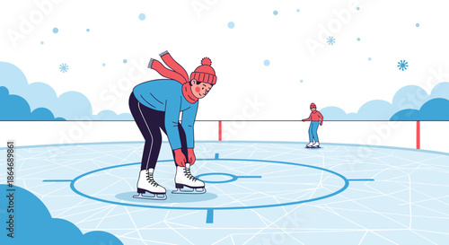 Young person wearing a warm scarf and hat bends over to lace up white ice skates on a frozen outdoor rink during a snowy winter day.