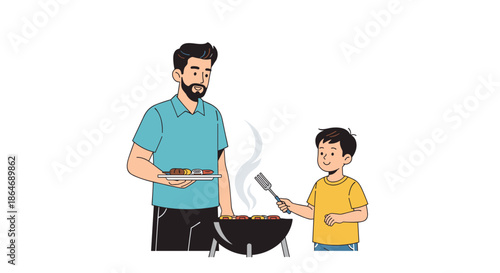 Father and his young son enjoy a summer day together while grilling food on a small barbecue grill in their backyard during a family party.