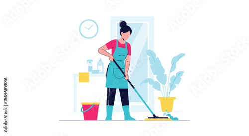 Diligent woman wearing an apron and boots mops a floor carefully in a bright room to maintain a clean and tidy home environment during chores.