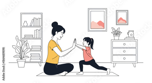 Mother and her young daughter practice yoga together in their living room to promote health and bonding while having fun at home.