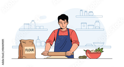 Focused male cook uses a wooden rolling pin to prepare fresh dough on a kitchen counter surrounded by ingredients like flour and vegetables.
