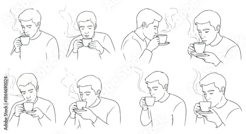 Man enjoying hot beverage, multiple poses