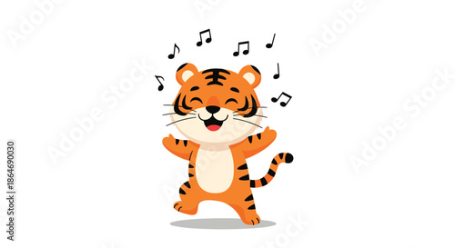 Adorable cartoon tiger cub dances happily surrounded by musical notes in a cheerful and fun illustration for children or festive events.