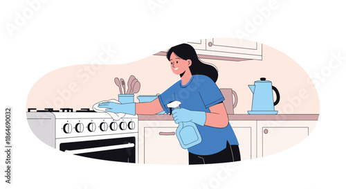 Young woman wearing protective gloves cleans a white gas stove with a spray bottle and cloth in a tidy kitchen environment during chores.