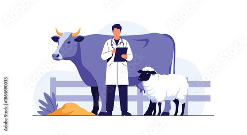 Professional veterinarian wearing a white coat and stethoscope stands next to a cow and a sheep while holding a clipboard in a rural farm setting.