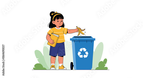 Young schoolgirl responsibly throws banana peels into a blue recycling bin while holding a book to promote environmental awareness and waste care.