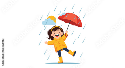 Joyful little girl wearing a yellow raincoat and boots dances happily in the rain while holding a red umbrella under a cloudy sky.