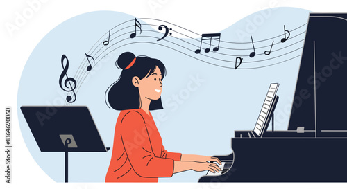 Happy young woman sits at a grand piano and plays music with passion while musical notes float gracefully in the air above her head.