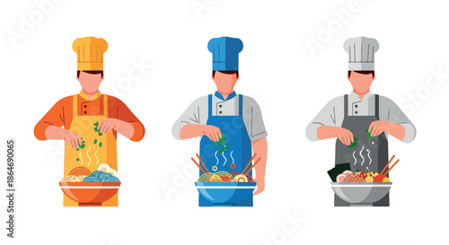 Chefs cooking food in bowls with transparent background