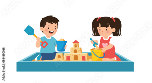 Two happy children enjoy building a large sandcastle in a blue sandbox using shovels and buckets during a sunny day of outdoor play.