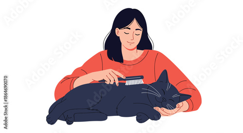 Gentle woman sits and carefully brushes the fur of a sleeping black cat to provide comfort and grooming in a quiet indoor environment.