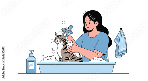 Caring woman uses a brush and soapy water to bathe her pet tabby cat in a small blue tub inside a clean bathroom setting at home.
