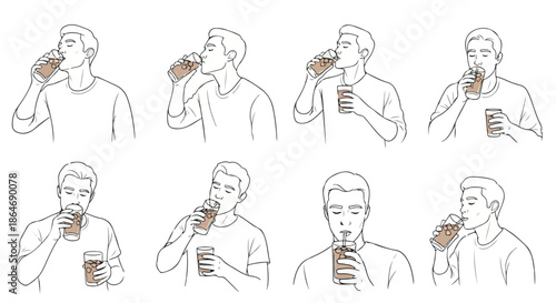 Man drinking coffee in various poses