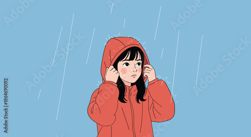 Thoughtful young girl wearing a bright red hooded raincoat stands under falling rain against a simple blue background during a wet day.