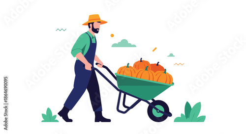 Hardworking farmer wears a hat and overalls while pushing a green wheelbarrow filled with large orange pumpkins across his farm at harvest.