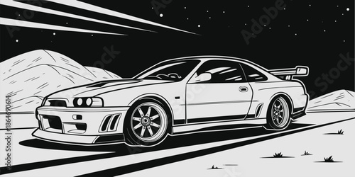 Stylized illustration of a powerful sports car drifting under a night sky