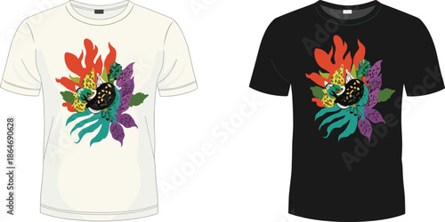 Colorful creature graphic, black and white T-shirts, abstract design, symmetrical art, vibrant fashion, modern apparel, streetwear style, bold print