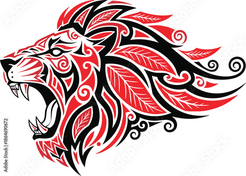 Wallpaper Mural Roaring lion illustration, tribal art, fierce expression, bold black red design, cultural symbol, wild animal, tattoo style, powerful motif Torontodigital.ca