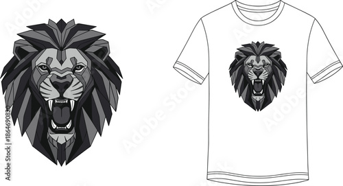Geometric lion head, grayscale design, abstract animal art, bold graphic, white T-shirt, modern fashion, tribal style, fierce profile