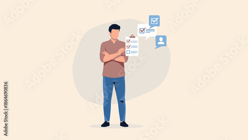 Young man analyzing task checklist and digital profile in a modern illustration