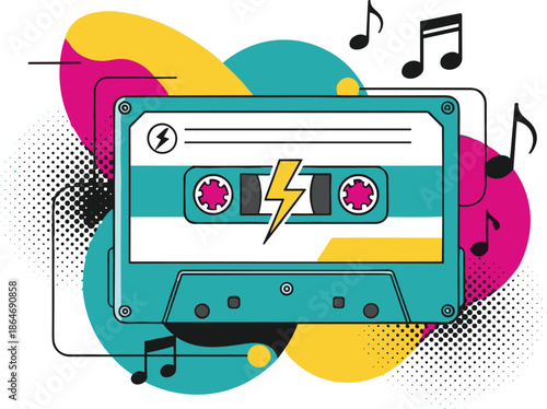 Retro cassette tape, colorful music art, abstract background, vibrant design, nostalgic style, playful illustration, creative sound, vintage vibe