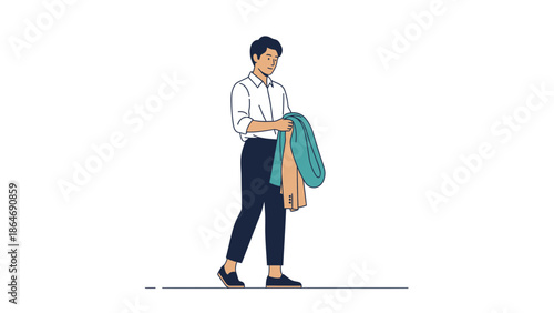 Young man casually dressed holding clothes and standing with relaxed posture isolated on white